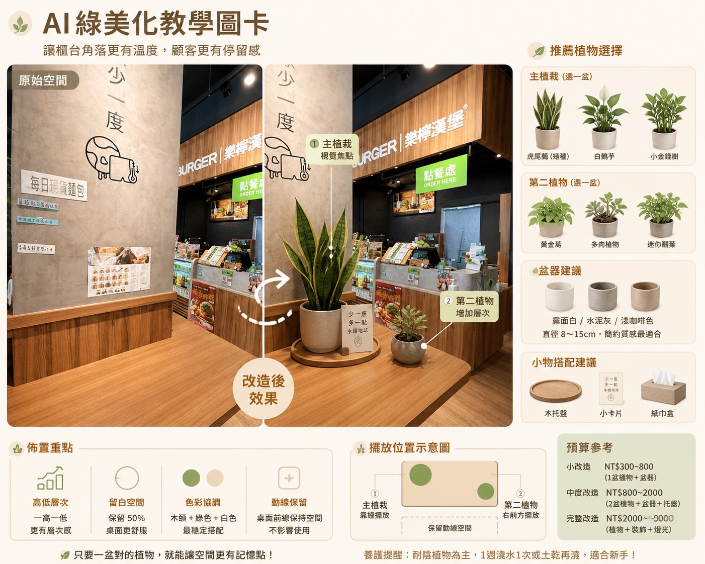 AI綠美化教學圖卡：櫃台角落改造案例